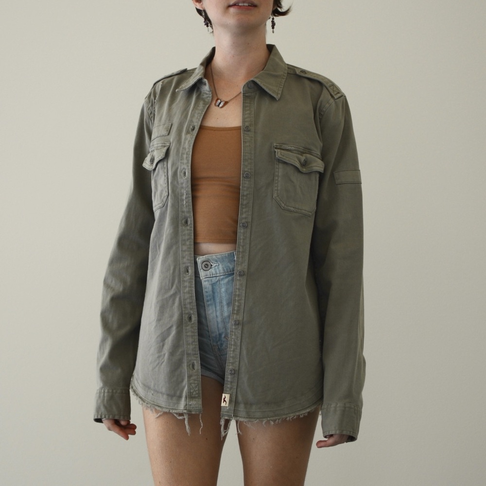 Hollister Shirt Jacket Button Down Army Green Military Shacket Long Sleeve S